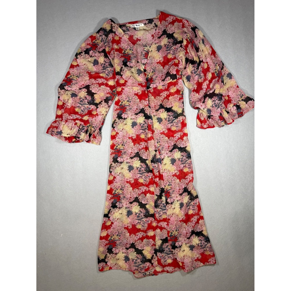 Sheer Whimsy Fairy Boho Feminine Floral Duster Red Pink Ruffle Sleeve S/M